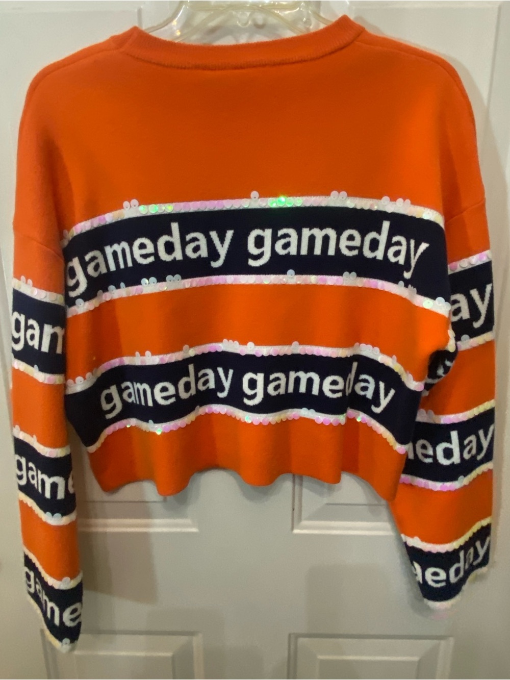 QUEEN OF SPARKLES Orange Cropped 'gameday' Sweater with Navy Stripes